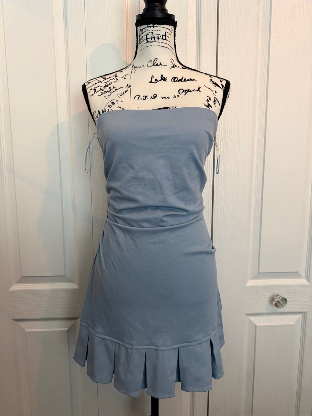 Altar'd State Strapless Dusty Blue Ruffle-Hem Dress
